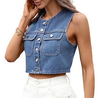 Women's Washed Denim Vest Casual Round Neck Sleeveless Streewear Jean Top with Pockets