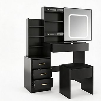 LED Vanity Desk with Mirror, 4 Drawers, Power Outlet, Cushioned Stool