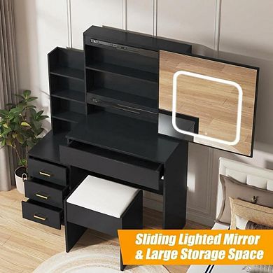 LED Vanity Desk with Mirror, 4 Drawers, Power Outlet, Cushioned Stool