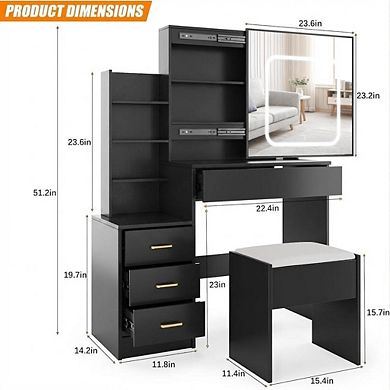 LED Vanity Desk with Mirror, 4 Drawers, Power Outlet, Cushioned Stool
