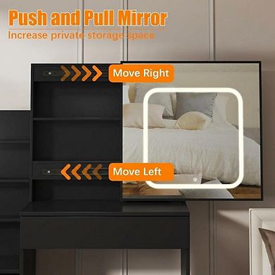 LED Vanity Desk with Mirror, 4 Drawers, Power Outlet, Cushioned Stool