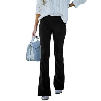 High Rise Corduroy Flare Pants For Women Elastic Slim Fit Western Casual Trousers With Pockets