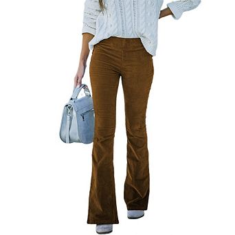 High Rise Corduroy Flare Pants For Women Elastic Slim Fit Western Casual Trousers With Pockets