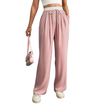 Women's High Waist Wide Leg Pants, Soft Satin Flowy Trousers with Contrast Drawstring Elastic Waist