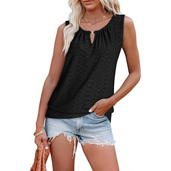 Women's Hollow Out Eyelet Keyhole Tank Top Sleeveless Summer Casual Blouse Soft Boho Crew Neck Shirt