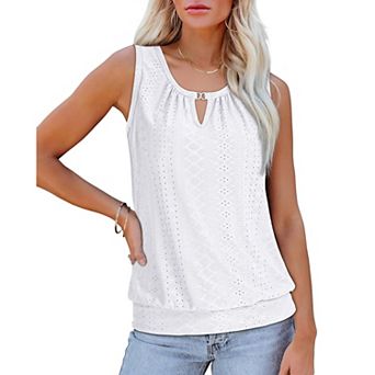 Women's Hollow Out Eyelet Keyhole Tank Top Sleeveless Summer Casual Blouse Soft Boho Crew Neck Shirt