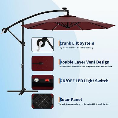 10FT Cantilever Patio Umbrella with Solar Lights, 32 LED Lights