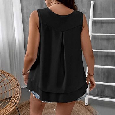Women's V Neck Sleeveless Double Layer Flowy Tunic Casual Tank Tops
