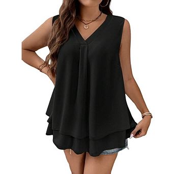 Women's V Neck Sleeveless Double Layer Flowy Tunic Casual Tank Tops