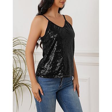Women's Sequin V-Neck Cami Top. Adjustable Spaghetti Straps. Loose Fit Tank for Party