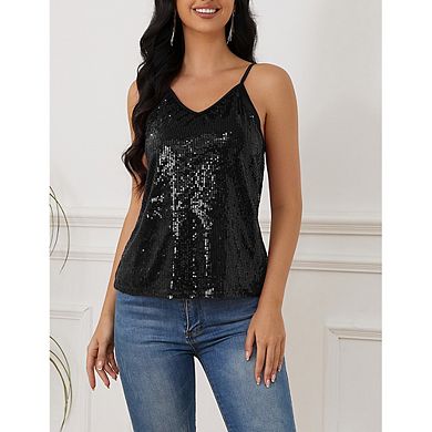 Women's Sequin V-Neck Cami Top. Adjustable Spaghetti Straps. Loose Fit Tank for Party