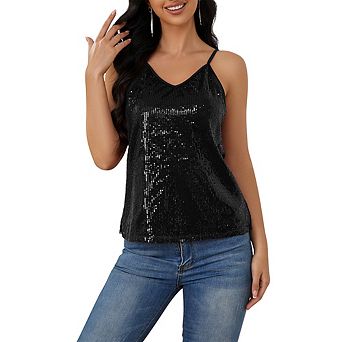 Women's Sequin V-Neck Cami Top. Adjustable Spaghetti Straps. Loose Fit Tank for Party