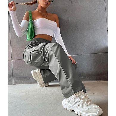 Women's Solid Color Wide Leg High Waisted Loose Fitting Cargo Pants With Pockets Waistband
