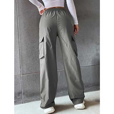 Women's Solid Color Wide Leg High Waisted Loose Fitting Cargo Pants With Pockets Waistband