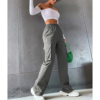 Women's Solid Color Wide Leg High Waisted Loose Fitting Cargo Pants With Pockets Waistband