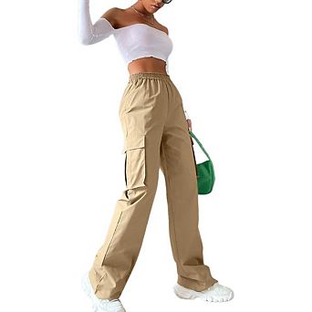 Women's Solid Color Wide Leg High Waisted Loose Fitting Cargo Pants With Pockets Waistband