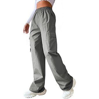 Women's Solid Color Wide Leg High Waisted Loose Fitting Cargo Pants With Pockets Waistband