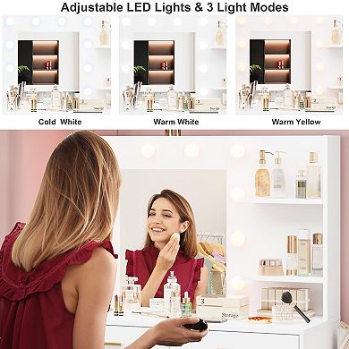 Lighted Makeup Vanity with Power Outlet, 3 Adjustable Color Modes, 8 Storage Drawers for Bedroom