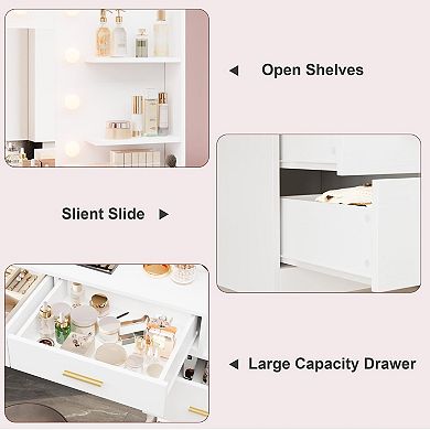 Lighted Makeup Vanity with Power Outlet, 3 Adjustable Color Modes, 8 Storage Drawers for Bedroom