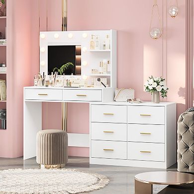 Lighted Makeup Vanity with Power Outlet, 3 Adjustable Color Modes, 8 Storage Drawers for Bedroom