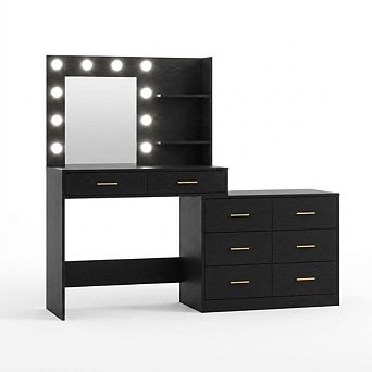 Lighted Makeup Vanity with Power Outlet, 3 Adjustable Color Modes, 8 Storage Drawers for Bedroom
