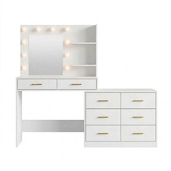 Lighted Makeup Vanity with Power Outlet, 3 Adjustable Color Modes, 8 Storage Drawers for Bedroom
