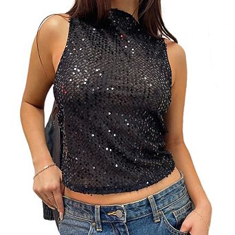 Women's Sequin Tank Tops Sparkly Glitter Sleeveless Shirt Shinny Trendy Crop Vest