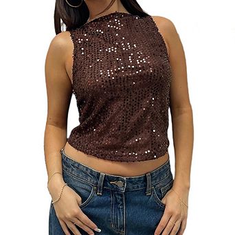 Women's Sequin Tank Tops Sparkly Glitter Sleeveless Shirt Shinny Trendy Crop Vest