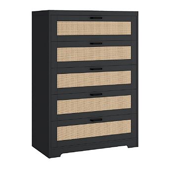 5 Drawer Wooden Rattan Dresser, Modern Storage Chest for Bedroom, Living Room, Entryway