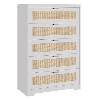 5 Drawer Wooden Rattan Dresser, Modern Storage Chest for Bedroom, Living Room, Entryway