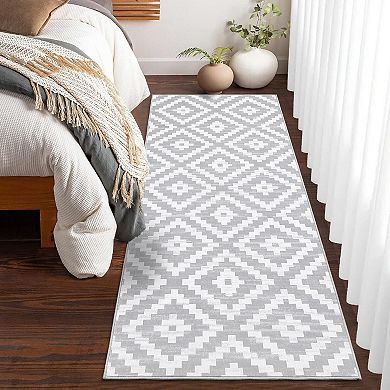 Moroccan Trellis Washable Runner Rug - Non Slip Low Pile Carpet for Entryway Living Room