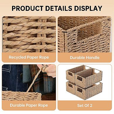 Hand-Woven Wicker Storage Basket Set of 4, Foldable Paper Rope Organizer Bins