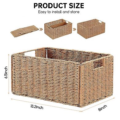 Hand-Woven Wicker Storage Basket Set of 4, Foldable Paper Rope Organizer Bins