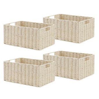 Hand-Woven Wicker Storage Basket Set of 4, Foldable Paper Rope Organizer Bins
