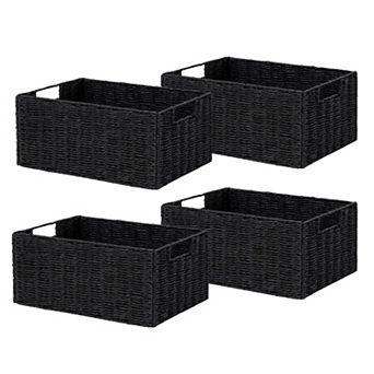Hand-Woven Wicker Storage Basket Set of 4, Foldable Paper Rope Organizer Bins