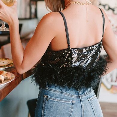 Women's Sequin Cami Top with Feather Trim and V Neck