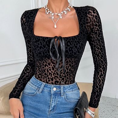 Women Square Neck Long Sleeve Sheer Outfits Mesh Bodysuits
