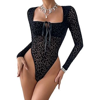 Women Square Neck Long Sleeve Sheer Outfits Mesh Bodysuits
