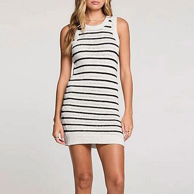 Women's Striped Knit Sleeveless Mini Dress with Crew Neck