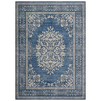Washable Vintage Distressed Floral Medallion Rug, Non-Slip Thin Carpet for Bedroom Living Room