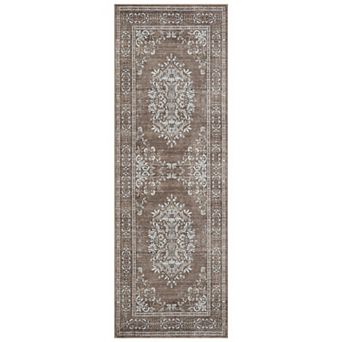 Washable Vintage Distressed Floral Medallion Rug, Non-Slip Thin Carpet for Bedroom Living Room