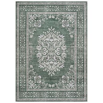 Washable Vintage Distressed Floral Medallion Rug, Non-Slip Thin Carpet for Bedroom Living Room