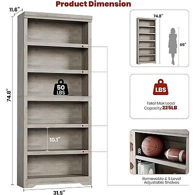 6-Tier Bookshelf, Farmhouse Bookcase with Adjustable Shelves, Open Display Storage Rack for Home