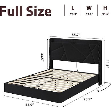 Floating Bed Frame with LED Lights, Upholstered Platform Beds with Storage Headboard
