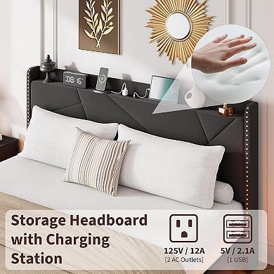 Floating Bed Frame with LED Lights, Upholstered Platform Beds with Storage Headboard