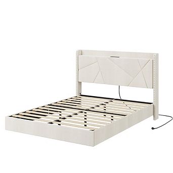Floating Bed Frame with LED Lights, Upholstered Platform Beds with Storage Headboard