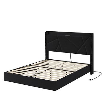 Floating Bed Frame with LED Lights, Upholstered Platform Beds with Storage Headboard