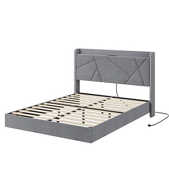 Floating Bed Frame with LED Lights, Upholstered Platform Beds with Storage Headboard