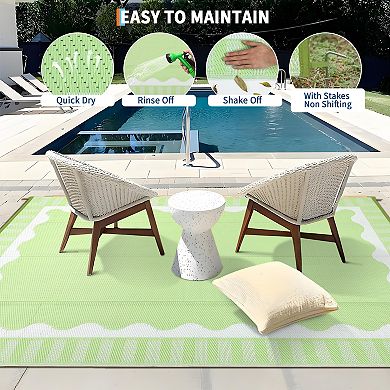 Reversible Outdoor Rug,Straw Carpet, Scalloped Border Foldable Mat for Patio Backyard Balcony