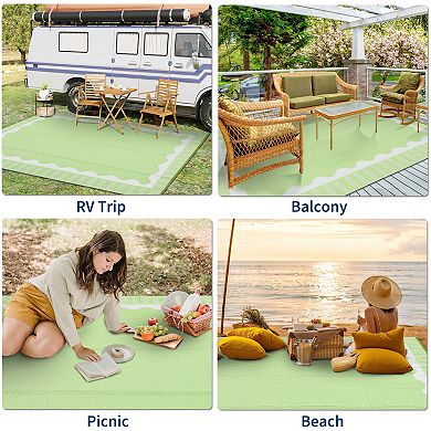 Reversible Outdoor Rug,Straw Carpet, Scalloped Border Foldable Mat for Patio Backyard Balcony